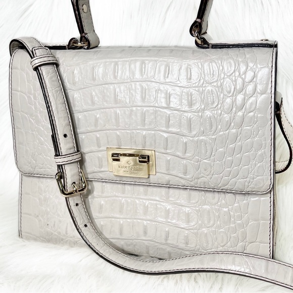 SOLD-Kate Spade Croc Leather Medium Satchel Handbag, Cream Ivory Beige - Picture 2 of 12